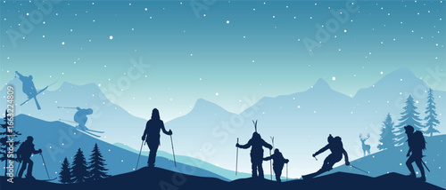 Winter Mountain Landscape with Skiers and Snowfall