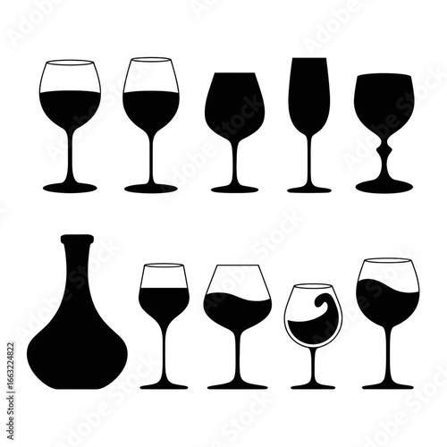 Collection of various wine glasses and bottle silhouettes isolated on white background