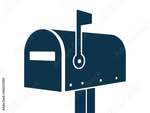 Classic dark blue mailbox with a flag and mail slot silhouette isolated on white background
