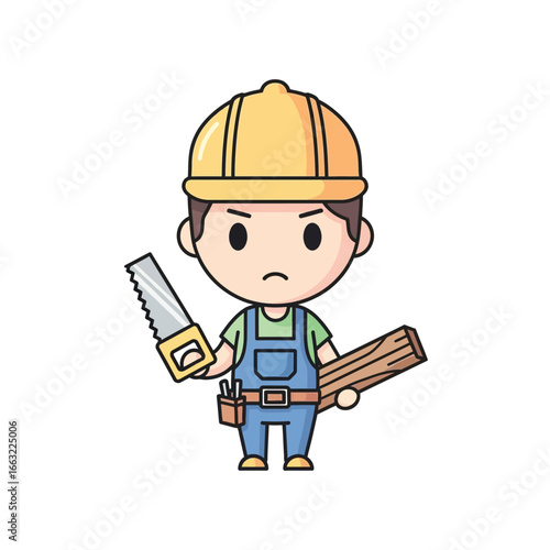 Adorable cartoon carpenter mascot with a determined expression holding a hand saw and lumber. Cute chibi construction worker character in a hard hat and overalls
