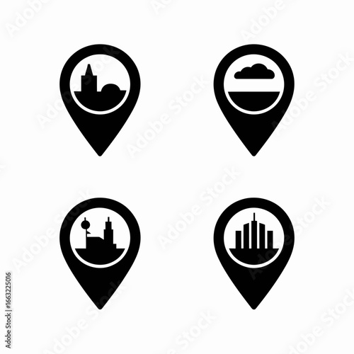 Four black location pin icons with cityscape and cloud silhouettes isolated on white background