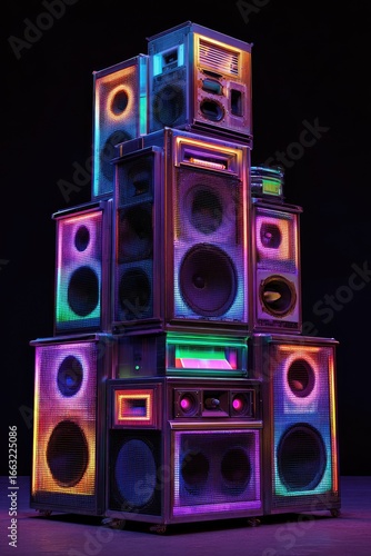 Stacked audio equipment, glowing with vibrant colors