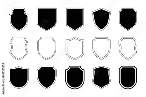 Collection of shield emblems and crests in black and white silhouette isolated on white background