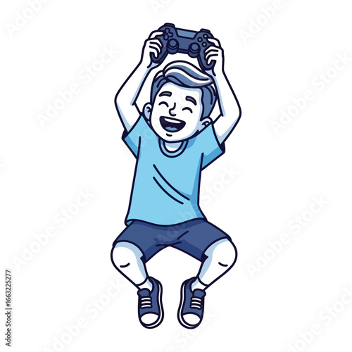 Joyful Gamer's Triumph: A cheerful young gamer exults with a triumphant expression, brandishing a gaming controller in celebration of a victorious achievement.