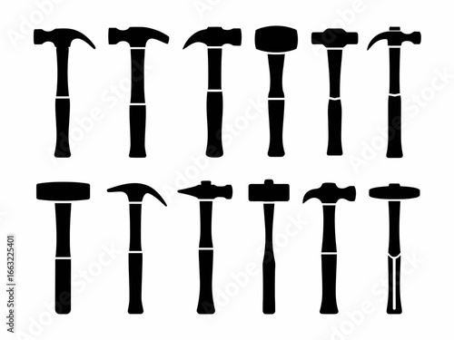 Collection of various hammer silhouettes isolated on white background