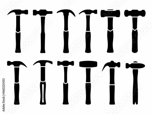 Collection of various hammer silhouettes isolated on white background