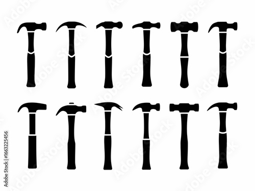Collection of hammer silhouettes isolated on white background with various head designs