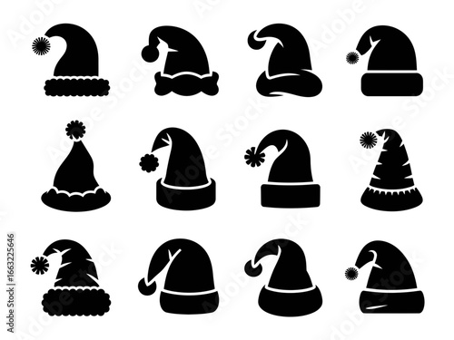 Collection of twelve distinctive santa hat silhouettes isolated on white background