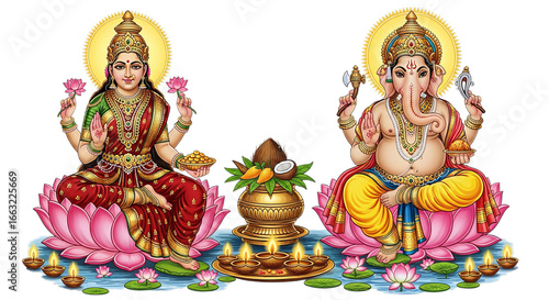 Hindu Deities Lakshmi and Ganesha Seated on Lotus Flowers with Traditional Decor