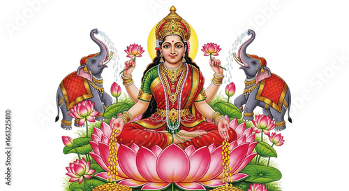 Goddess Lakshmi Seated on Lotus Surrounded by White Elephants with Water