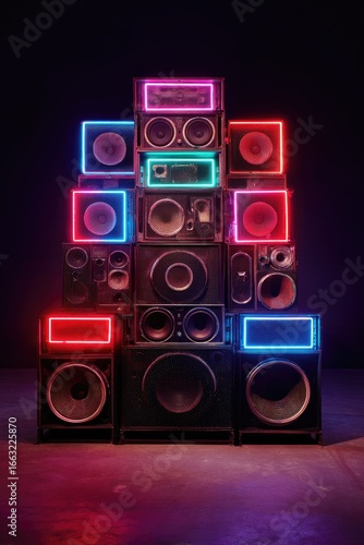 Stacked speakers illuminated with vibrant neon lights