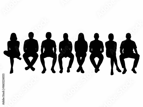 Diverse group of people sitting together in silhouette isolated on white background