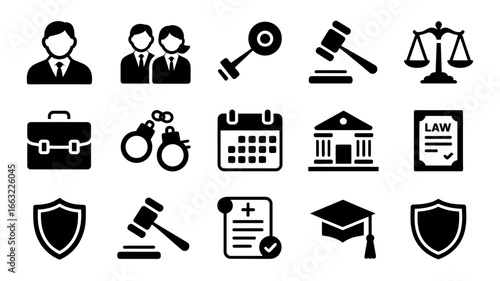 Collection of legal and justice icons in silhouette isolated on white background