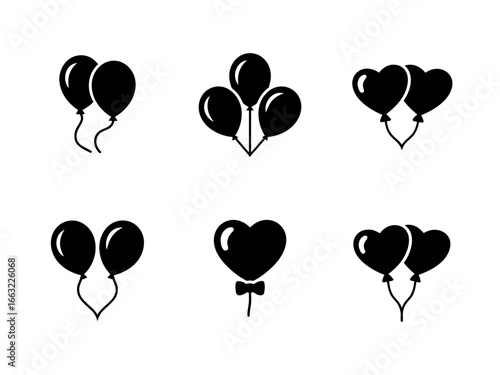 Collection of black balloon silhouettes in various arrangements isolated on white background