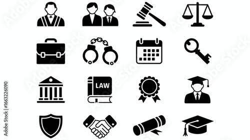 Collection of legal and justice icons in silhouette style isolated on white background