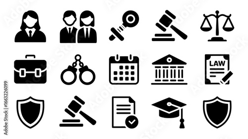 Collection of legal and justice silhouette icons isolated on white background