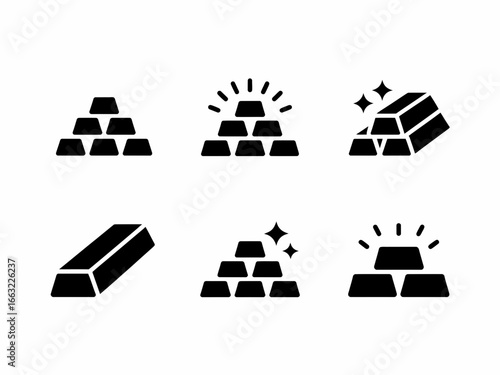 Collection of gold bar icons representing wealth and investment silhouette isolated on white background