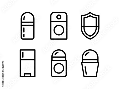Collection of six simple line art icons representing personal care and security items isolated on white background silhouette