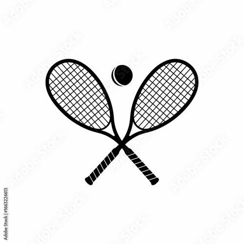 Two crossed tennis rackets and ball silhouette isolated on white background