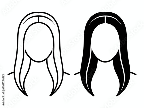 Two styles of long hair silhouettes isolated on white background