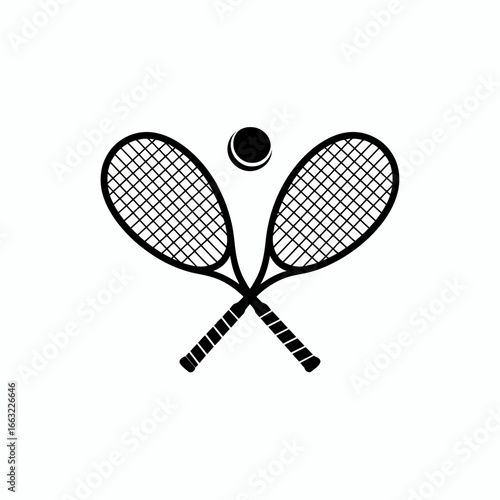 Two crossed tennis rackets and ball silhouette isolated on white background