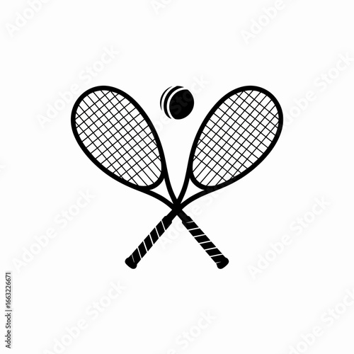 Two crossed tennis rackets and ball silhouette isolated on white background