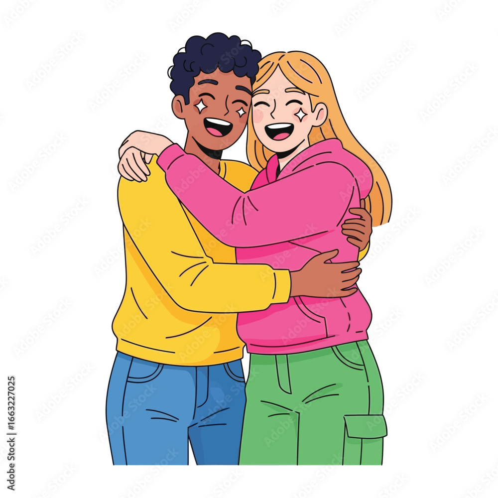 Obraz premium Joyful Embrace: An illustration of two cheerful individuals sharing a warm, affectionate hug, radiating happiness and connection, capturing the essence of companionship and love.
