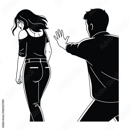 No Trespassing: A stylized illustration that symbolizes boundaries and personal space, depicting a man holding up his hand to gesture 'stop' to a woman walking away.