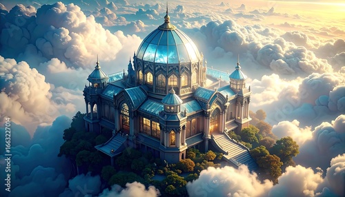 Majestic Floating Cathedral Amidst Clouds, Fantasy Architecture.