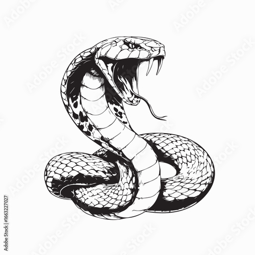 Aggressive Cobra Snake Coiled and Ready to Strike Vector Art Style on white background