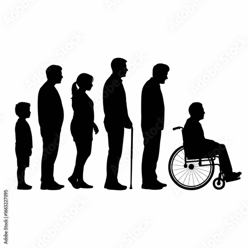 Human life stages from childhood to old age in silhouette isolated on white background