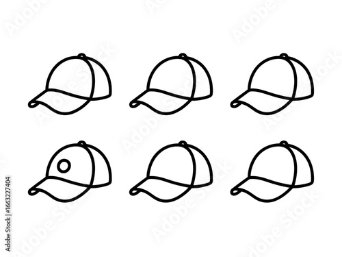 Collection of baseball cap outlines in silhouette style isolated on white background