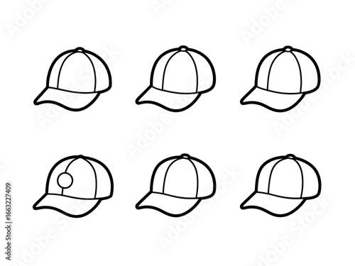 Collection of baseball cap silhouettes isolated on white background