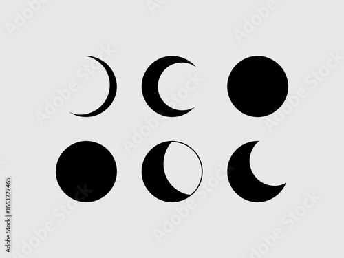 Collection of moon phases silhouette icons isolated on white background