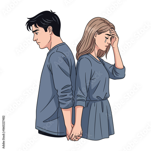 Heartbreak and Detachment: A poignant illustration of two individuals, once united, now facing emotional distance and heartbreak.