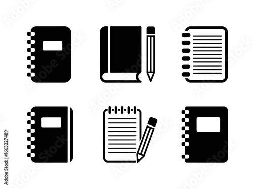 Collection of notebook and pencil icons in silhouette isolated on white background