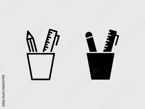 Two pencil holders with writing utensils and rulers shown in outline and silhouette isolated on white background