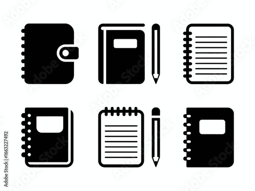 Collection of notebook and pencil silhouettes isolated on white background