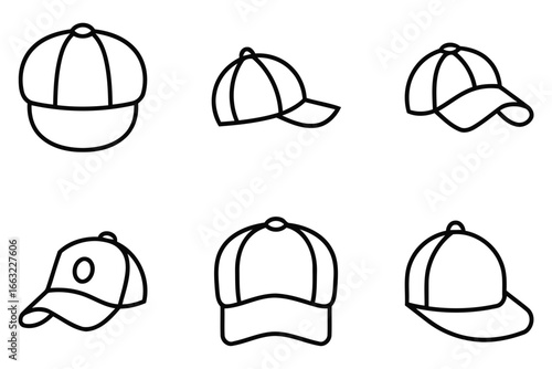 Collection of six baseball cap icons in a simple outline silhouette style isolated on white background