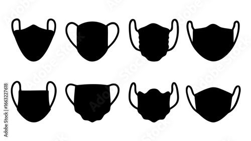 Collection of diverse face mask silhouettes isolated on white background