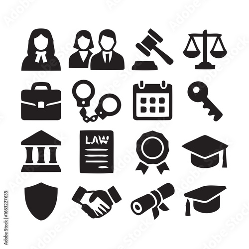Collection of legal and justice icons in silhouette isolated on white background