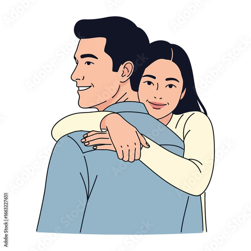 Affectionate Embrace of Couple:  A heartwarming illustration showcasing a loving couple in a tender embrace, symbolizing connection and romance. 