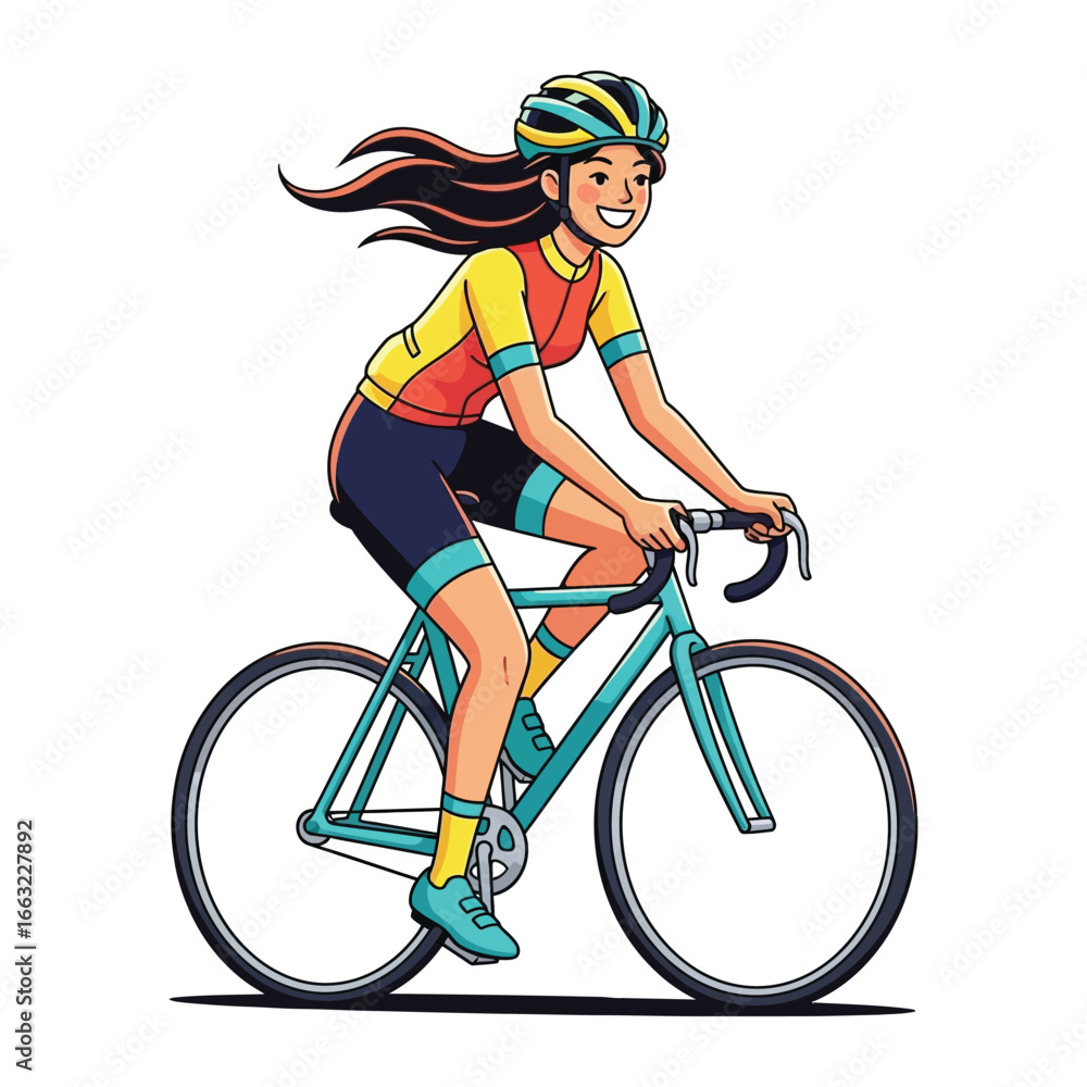 Obraz premium Cycling Adventure: A vibrant illustration capturing a woman on her road bike, radiating energy, health, and joy as she pedals forward.