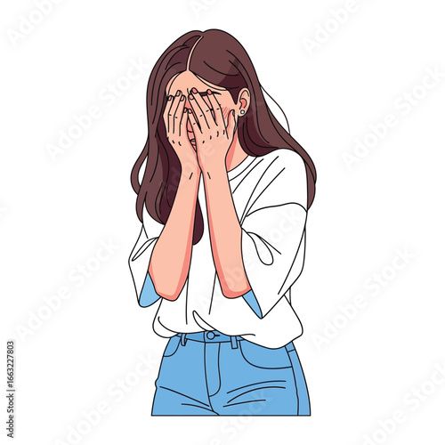 Concealing Emotions: A young person, possibly a girl, buries her face in her hands, embodying themes of sadness, grief, or introversion with artistic illustration. 