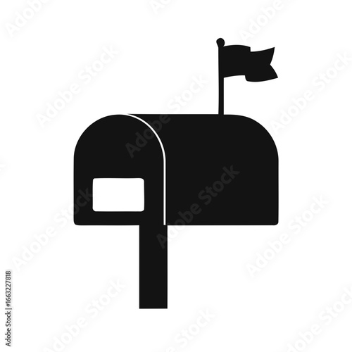 Classic black mailbox with a flag raised isolated on white background silhouette