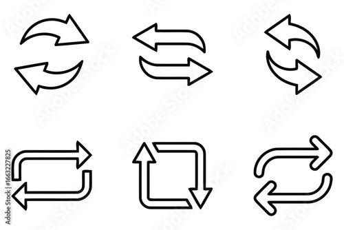 Collection of six different bidirectional arrow icons silhouette isolated on white background