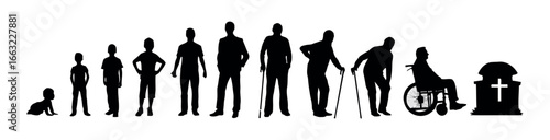 Human life cycle progression from infancy to old age and death silhouette isolated on white background