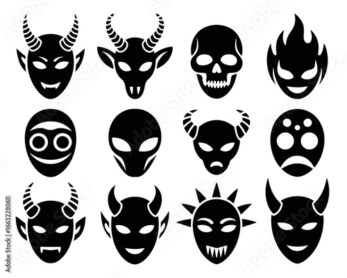 Collection of twelve spooky and mysterious monster face silhouettes isolated on white background