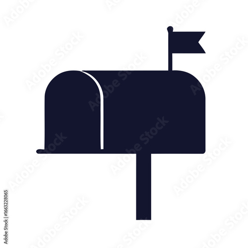 Classic dark blue mailbox with a flag raised isolated on white background silhouette
