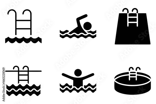 Collection of swimming pool icons and swimmer silhouettes isolated on white background